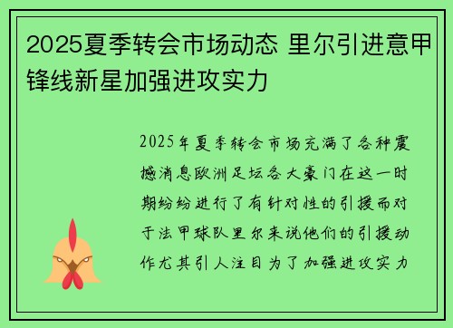 2025夏季转会市场动态 里尔引进意甲锋线新星加强进攻实力 2025夏季转会市场动态 里尔引进意甲锋线新星加强进攻实力