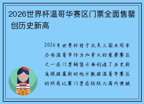 2026世界杯温哥华赛区门票全面售罄 创历史新高