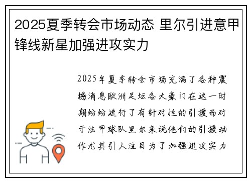 2025夏季转会市场动态 里尔引进意甲锋线新星加强进攻实力 2025夏季转会市场动态 里尔引进意甲锋线新星加强进攻实力